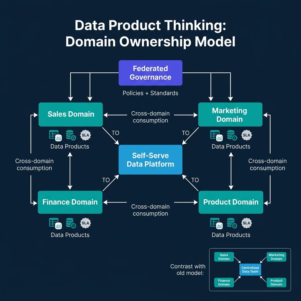 Data product thinking domain ownership model showing federated governance at top providing policies and standards to four domain teams (Sales, Marketing, Finance, Product), each publishing data products with SLA badges, consuming the self-serve data platform for capabilities, and sharing data products cross-domain