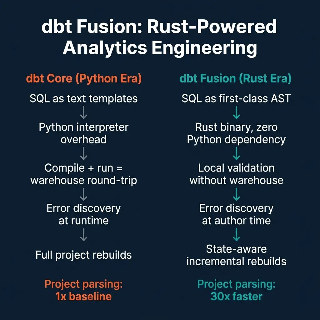 dbt Core vs dbt Fusion lifecycle comparison showing Python text templates versus Rust AST compilation, with 30x faster project parsing and error detection shifting from runtime to author time
