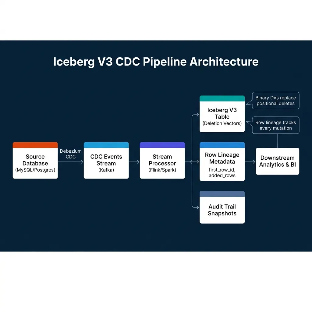 End-to-end CDC pipeline from source database through Debezium and Kafka to Flink stream processor, then into Iceberg V3 tables with deletion vectors, row lineage metadata, and audit trail snapshots for downstream analytics