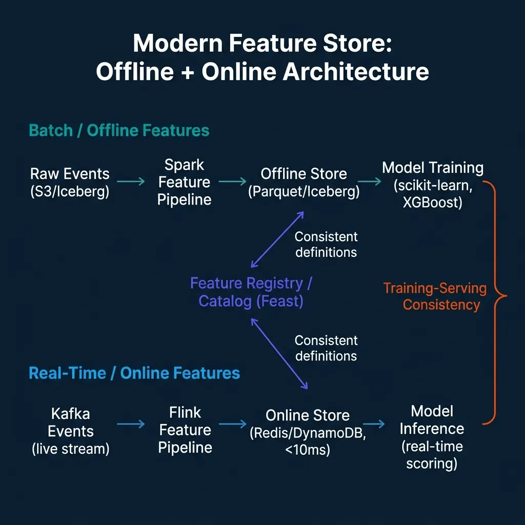 Feature store offline and online architecture with batch features from S3/Iceberg via Spark and real-time features from Kafka via Flink, connected through Feast feature registry for training-serving consistency