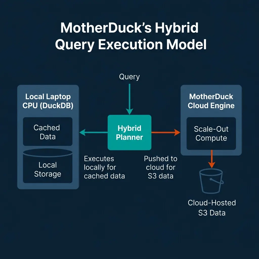 MotherDuck Dual Execution model showing how queries are split by a Hybrid Planner between local laptop CPUs and MotherDuck Cloud Engines