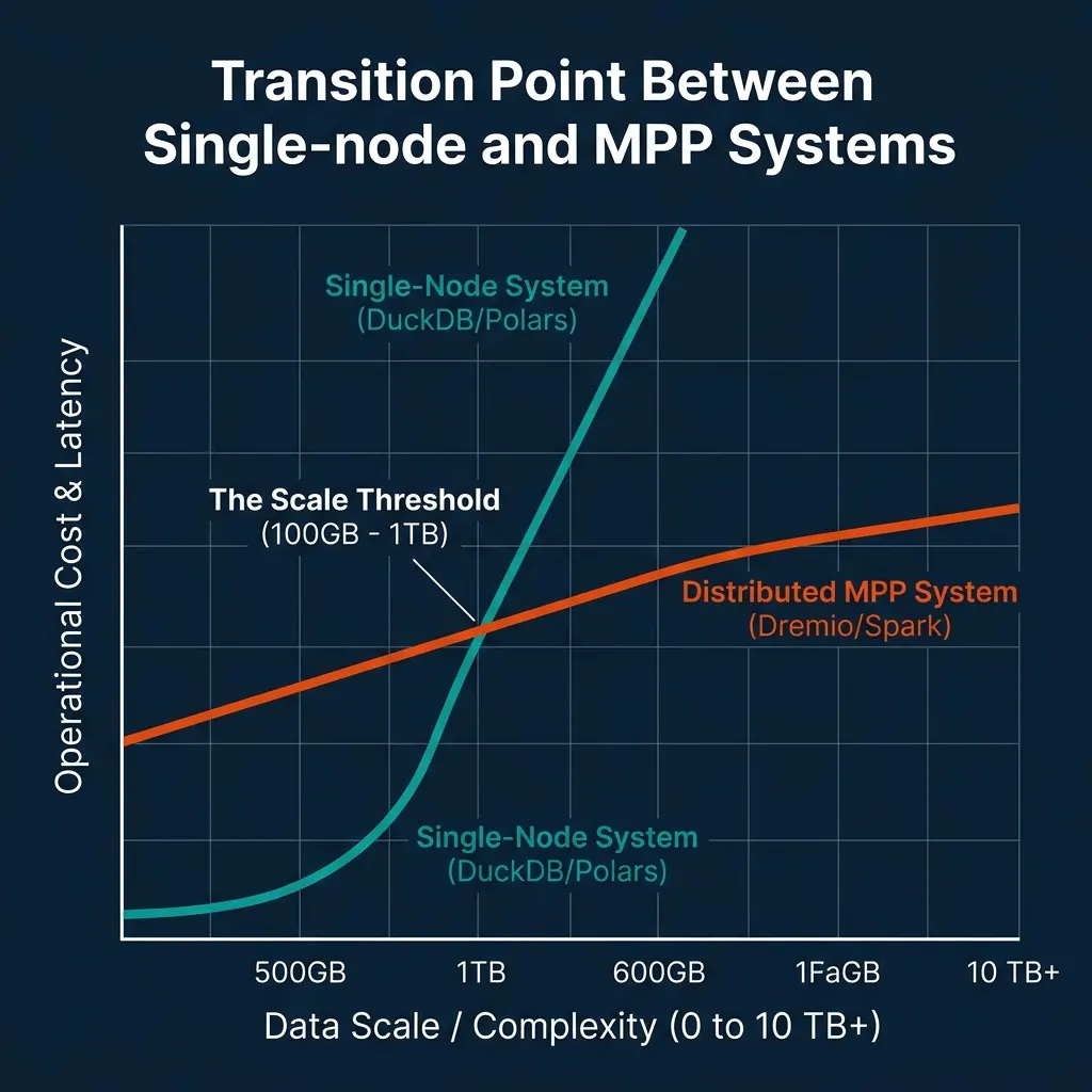 Performance-cost threshold graph showing single-node vs MPP execution efficiency zones based on data scale