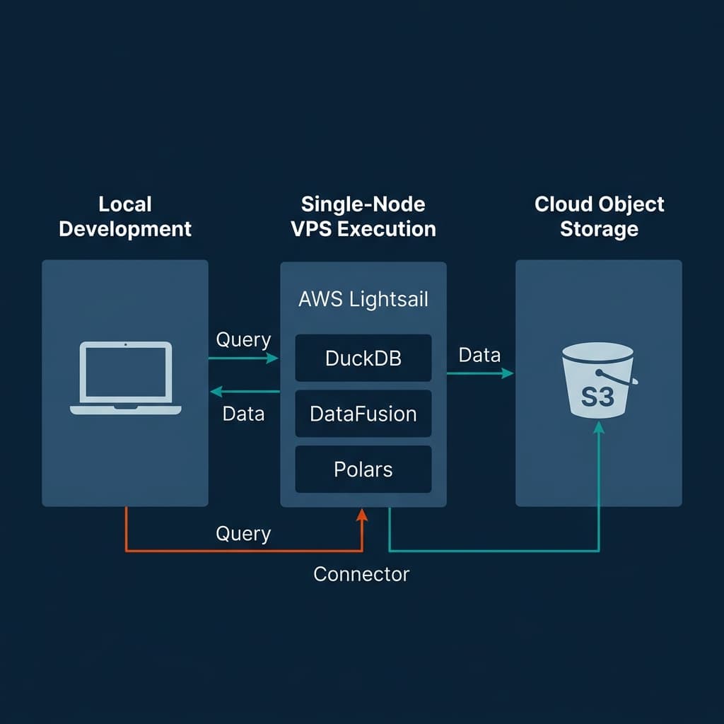Architecture diagram showing the single-node data engineering ecosystem from local laptops to single-node engines querying S3
